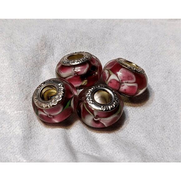 NEW SET OF 4 PANDORA MURANO BEADS TRANSLUCENT RED W/PINK & WHITE FLOWERS - BEAUT - Picture 3 of 3